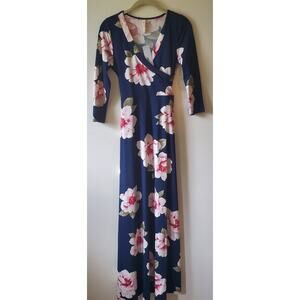 HELLO MIZ Women's Dress Faux Wrap Maxi Maternity with Belt Blue Floral Size S